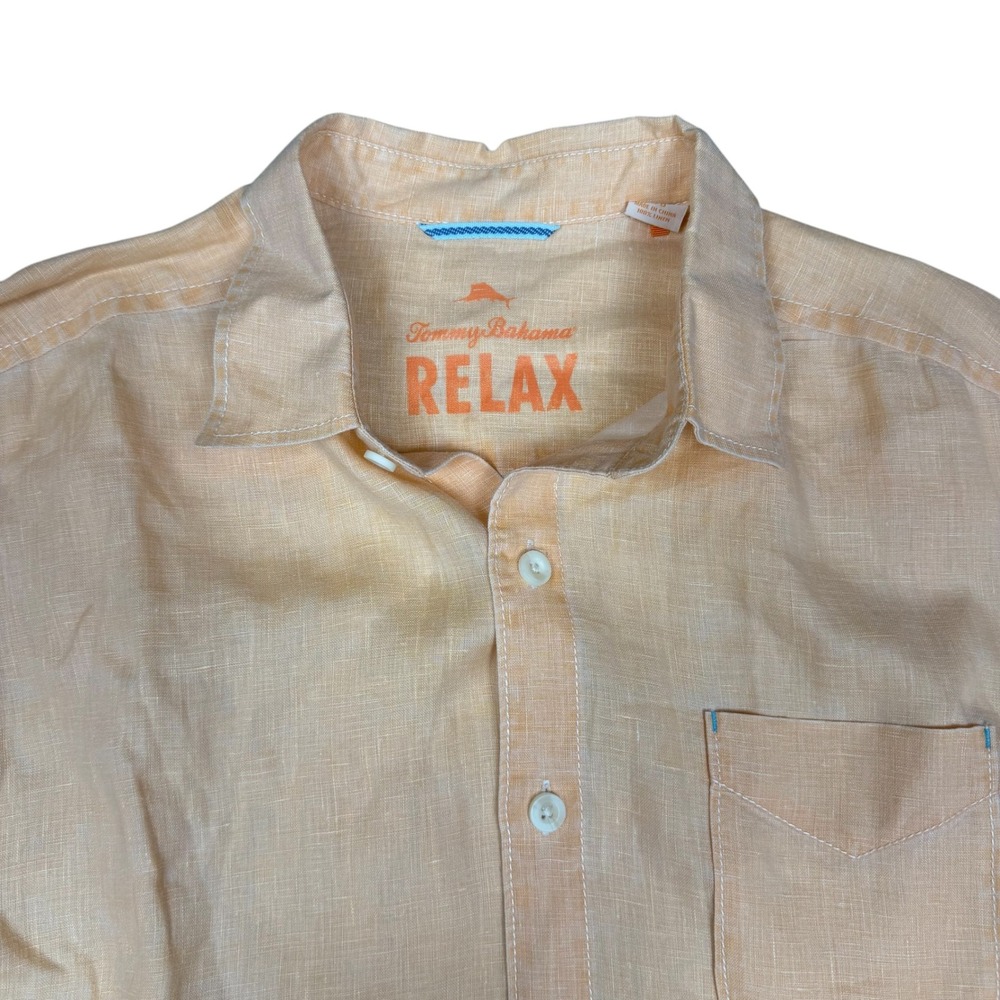 Tommy Bahama Relax Mens L Orange Peach 100% Linen Long Sleeve Button Down Shirt